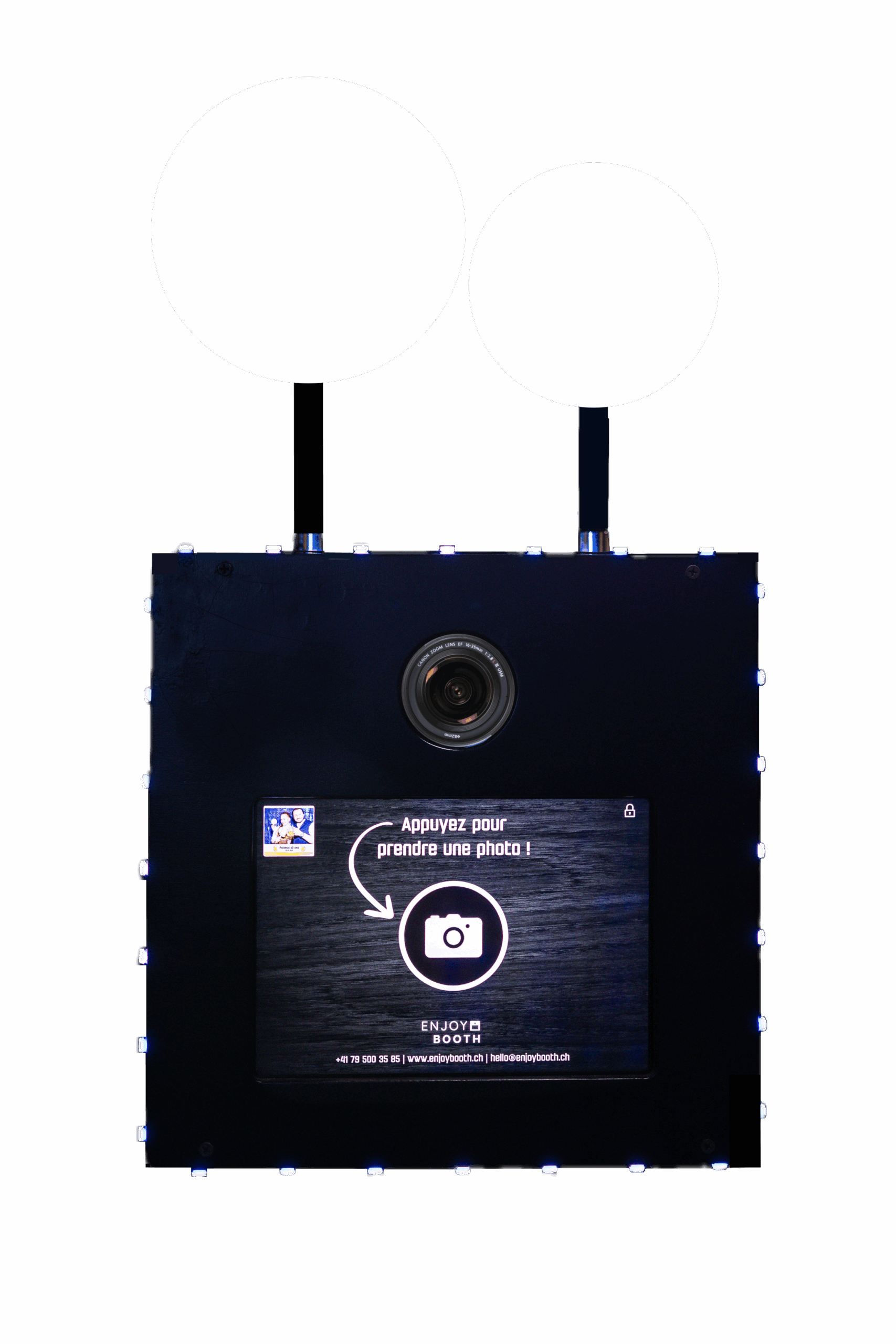 Location Photobooth EnjoyBooth avec appareil photo, flash et écran tactile, fond transparent